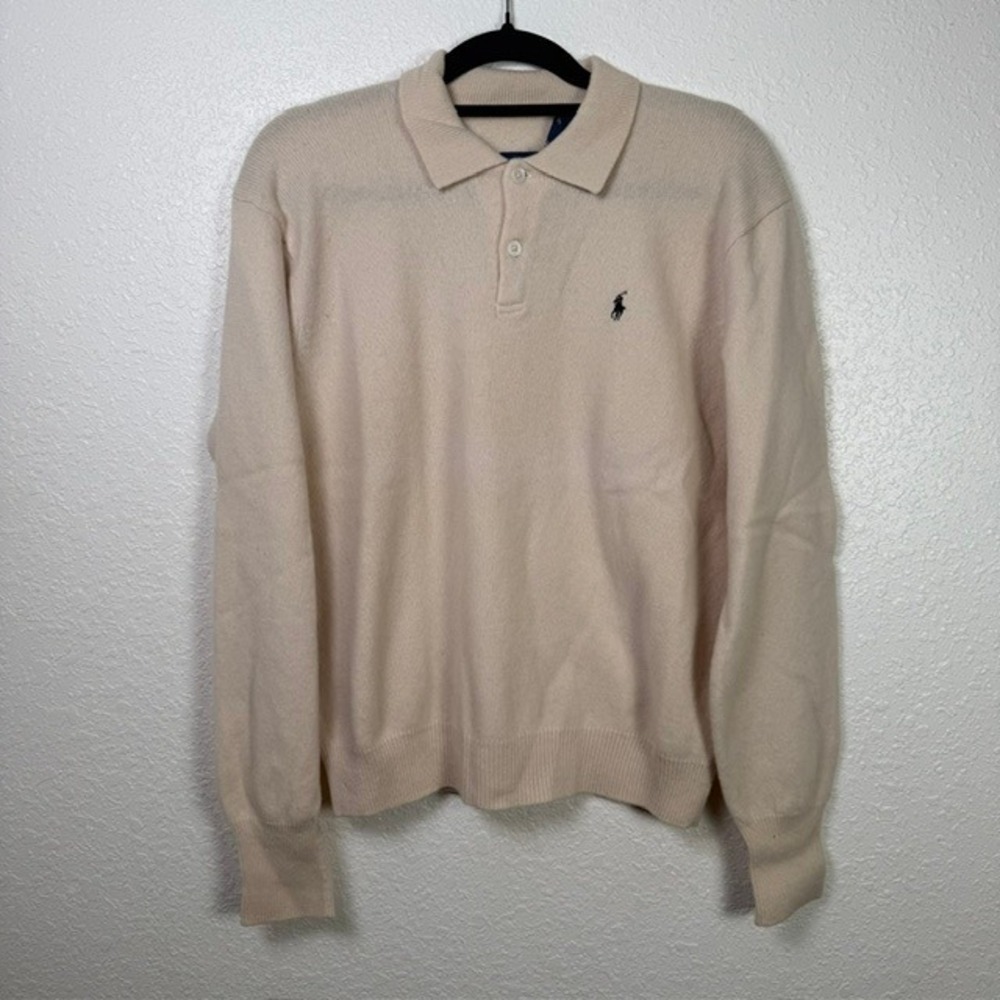 VINTAGE Polo Ralph Lauren 100% Lambswool Polo Sweater Italian Yarn Cream Large - Picture 2 of 11